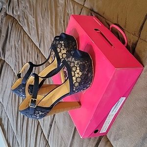 Navy blue lace peep toe platforms